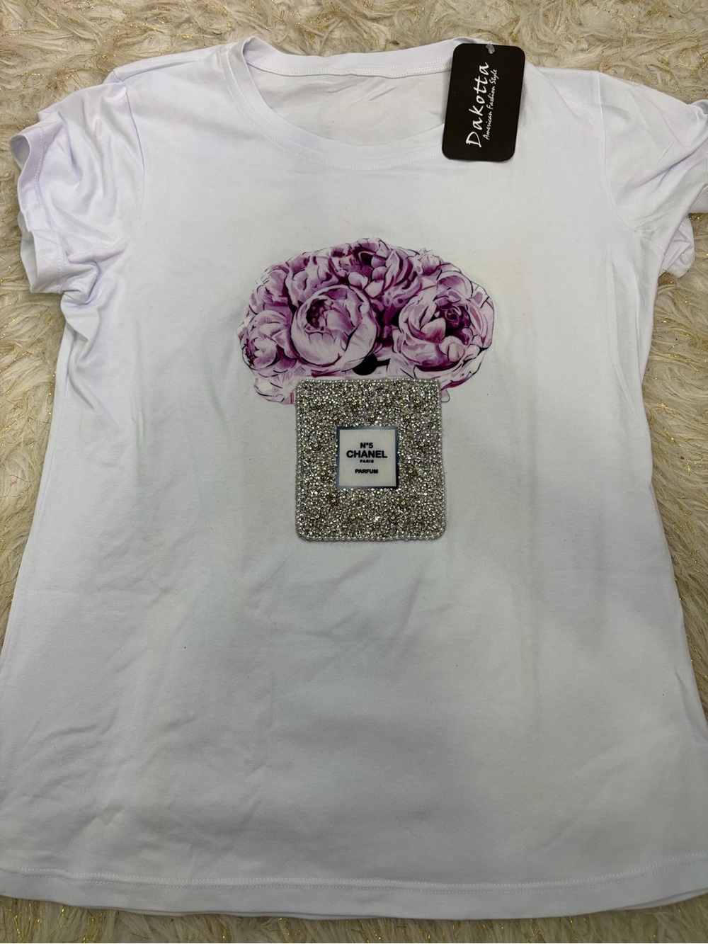 Dakotta White Graphic Tee with Purple Floral & Sparkle Perfume Bottle